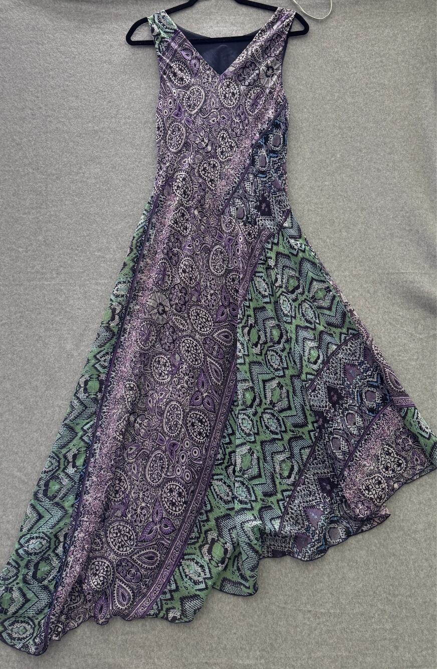 Midnight Velvet Bias Cut Dress Sz 6 Purple Paisley Patchwork Asymmetrical Hem